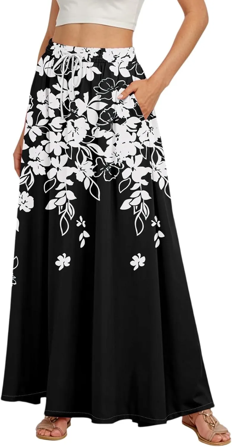 Casual Maxi Skirt for Women Summer Drawstring Elastic High Waisted A-Line Skirts Swing Ruffle Long Beach with Pockets