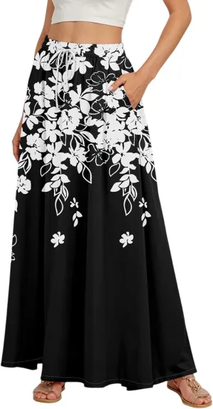 Casual Maxi Skirt for Women Summer Drawstring Elastic High Waisted A-Line Skirts Swing Ruffle Long Beach with Pockets