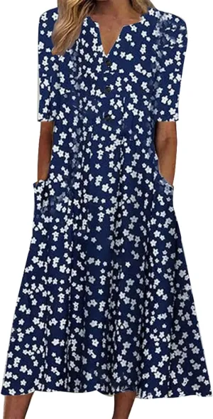 Ceboyel Summer Boho Dresses for Women 2023 Short Sleeve Maxi Long Dress Floral Print Casual Dress Trendy Ladies Outfits