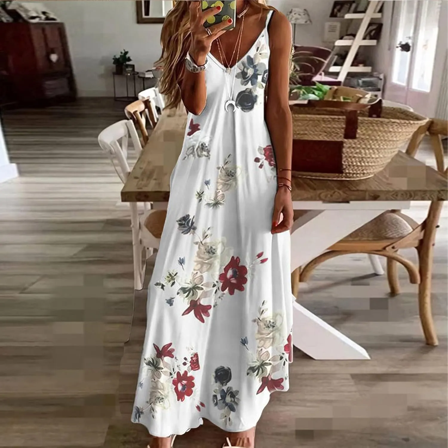 Ceboyel Women Floral Spaghetti Strap Sundress Casual Summer Long Maxi Dress Vneck Sexy Boho Dresses Trendy Beach Clothes 2024