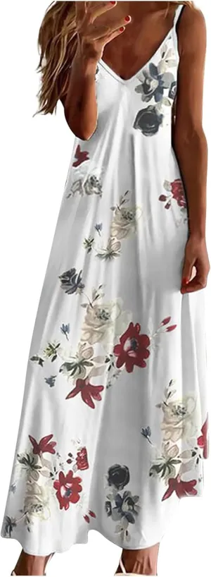 Ceboyel Women Floral Spaghetti Strap Sundress Casual Summer Long Maxi Dress Vneck Sexy Boho Dresses Trendy Beach Clothes 2024