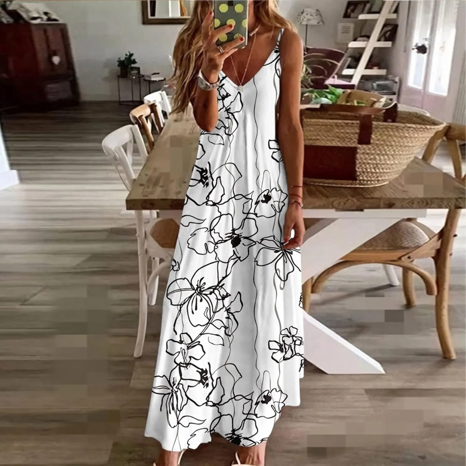 Ceboyel Women Floral Spaghetti Strap Sundress Casual Summer Long Maxi Dress Vneck Sexy Boho Dresses Trendy Beach Clothes 2024