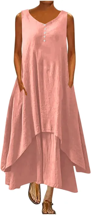 Ceboyel Women Irregular Hem Maxi Dress Cotton Linen Long Summer Dress Solid Color Boho Flowy Dress Beach Clothing 2023
