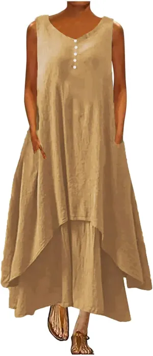 Ceboyel Women Irregular Hem Maxi Dress Cotton Linen Long Summer Dress Solid Color Boho Flowy Dress Beach Clothing 2023