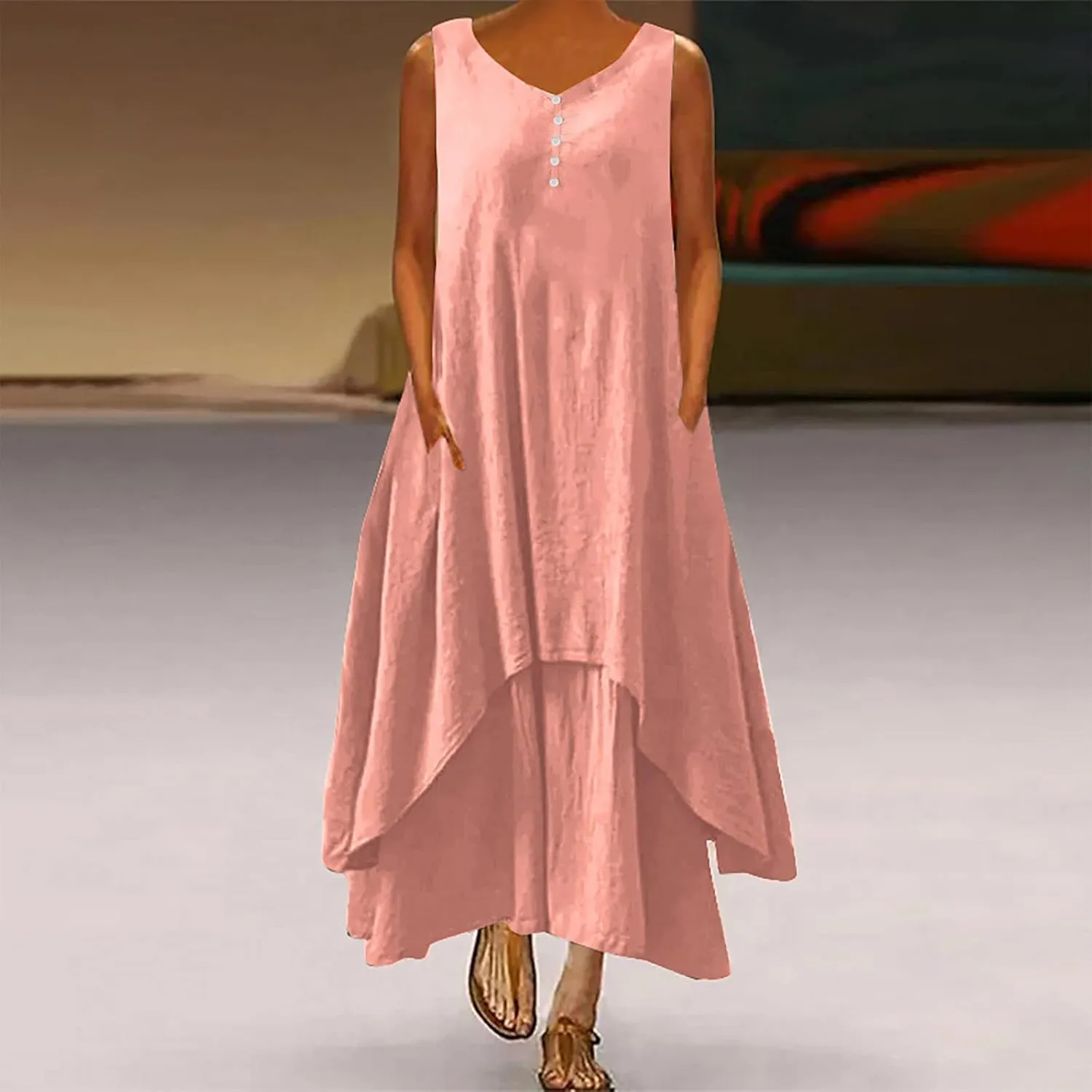 Ceboyel Women Irregular Hem Maxi Dress Cotton Linen Long Summer Dress Solid Color Boho Flowy Dress Beach Clothing 2023
