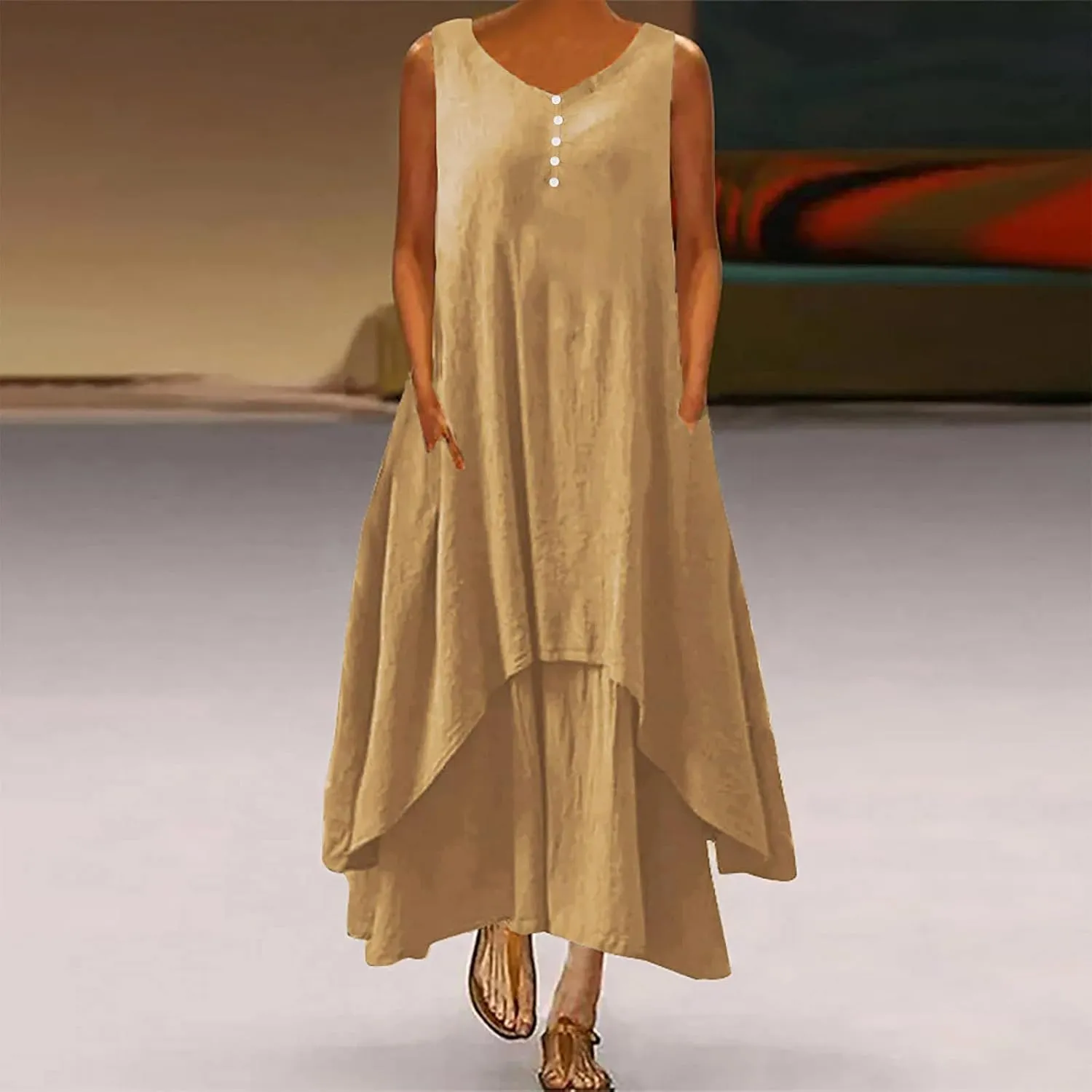 Ceboyel Women Irregular Hem Maxi Dress Cotton Linen Long Summer Dress Solid Color Boho Flowy Dress Beach Clothing 2023