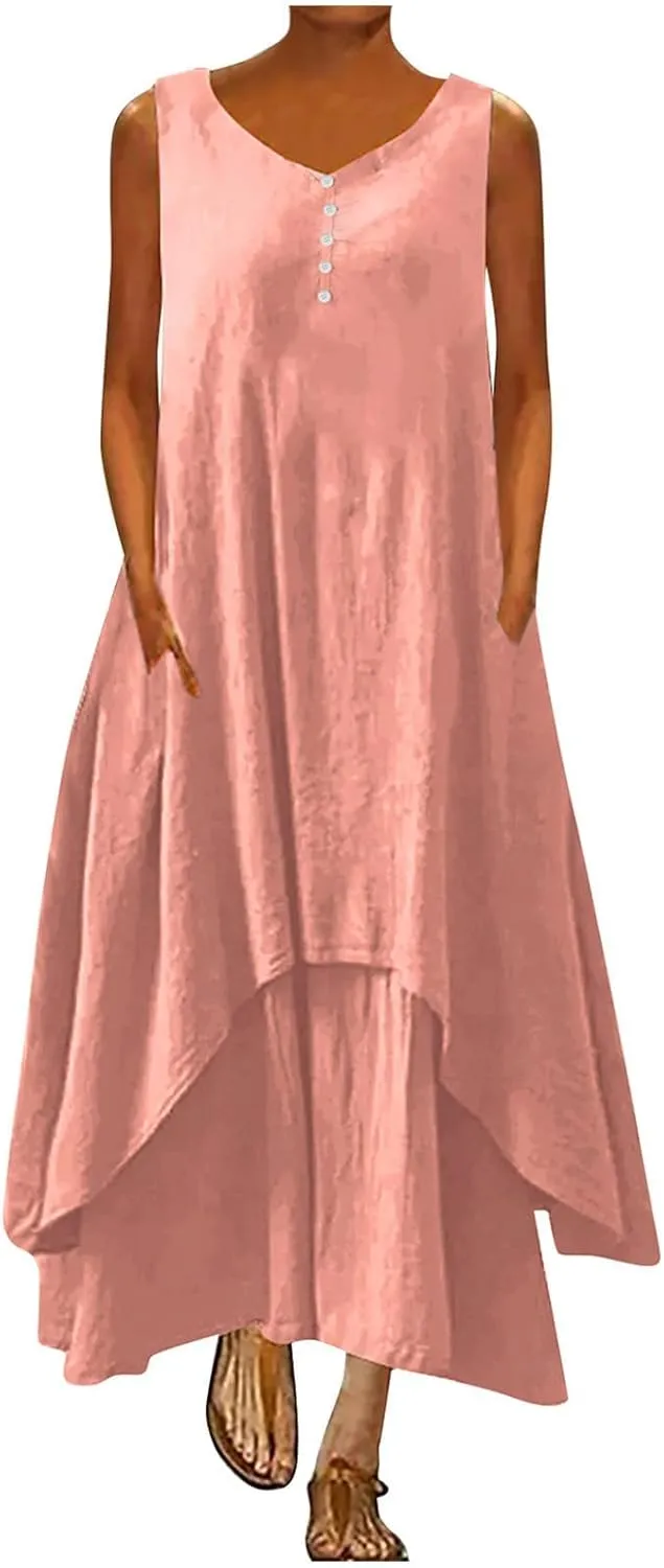Ceboyel Women Irregular Hem Maxi Dress Cotton Linen Long Summer Dress Solid Color Boho Flowy Dress Beach Clothing 2023