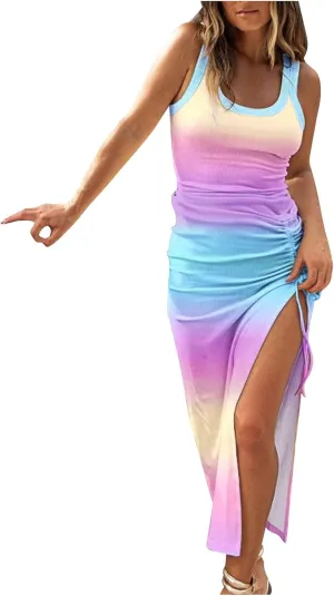 Ceboyel Womens Ribbed Tank Dress Bodycon Summer Dresses Split Casual Sun Dresses Trendy Sexy Maxi Long Sundresses 2023