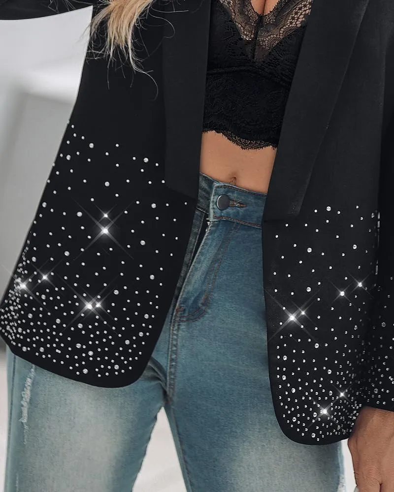 Chic Me Womens Business Casual Blazer Jackets Rhinestone Decor Blazers Open Front Blazer Casual Coats