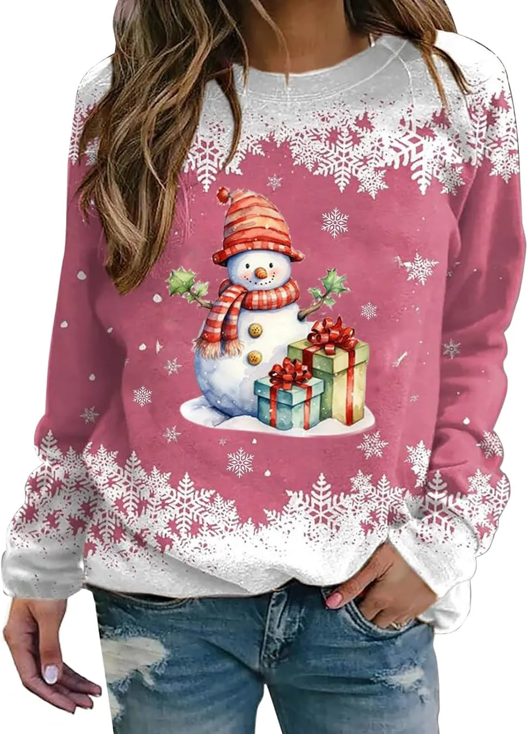Christmas Sweatshirt for Women Funny Cute Snowman Graphic Fall Tops Casual Holiday Long Sleeve Crewneck Tunic Shirt