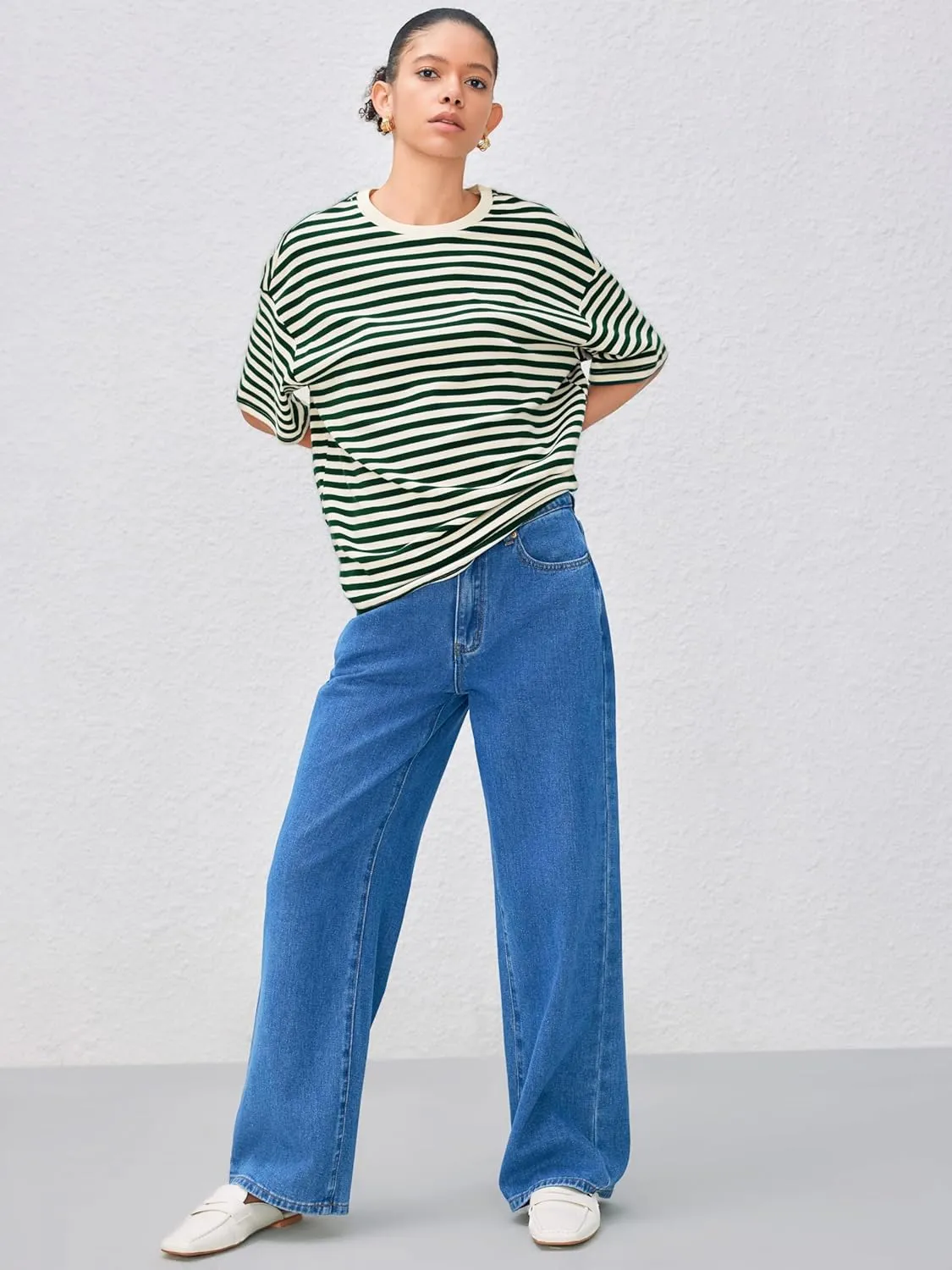 CIDER Striped Oversized Top for Women Crew Neck Short Sleeve Loose Casual Tops