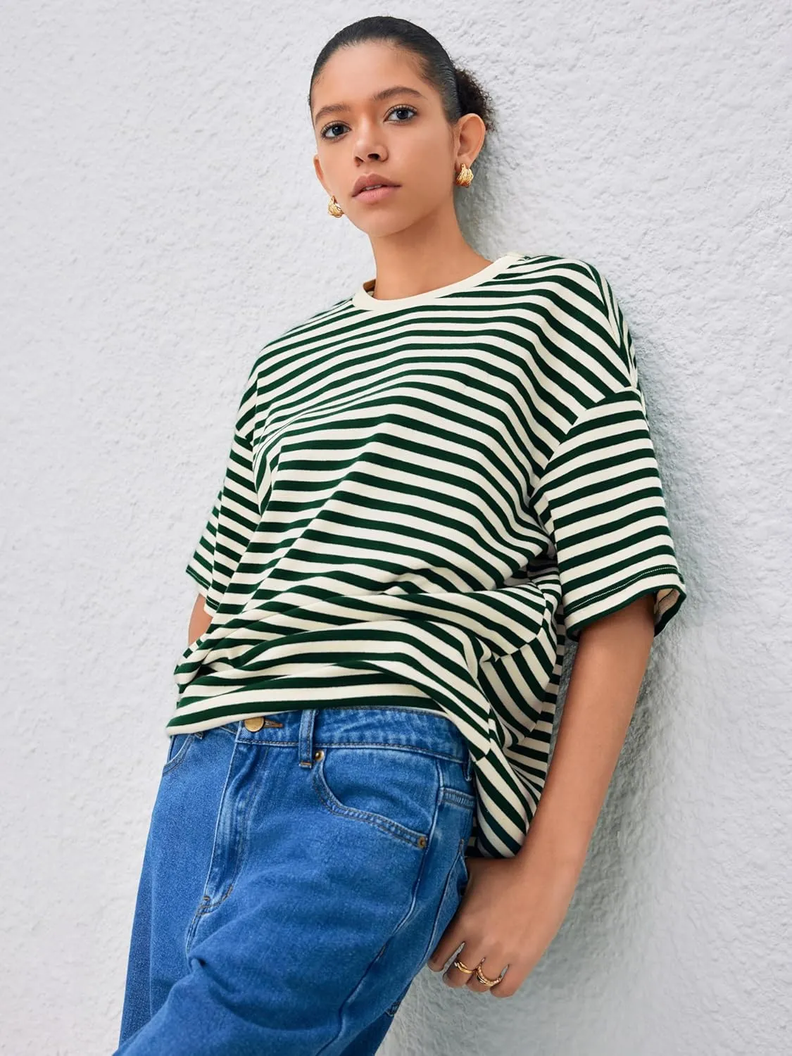 CIDER Striped Oversized Top for Women Crew Neck Short Sleeve Loose Casual Tops