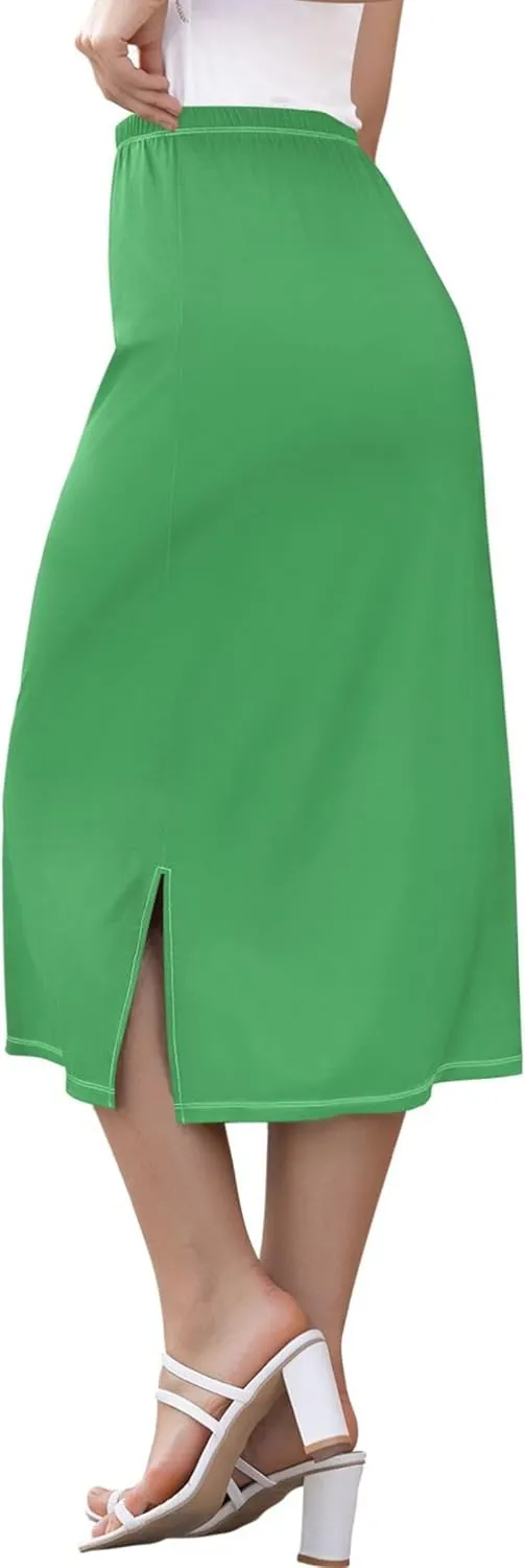 Clover Green Side Slit Midi Skirt Women Floral Pencil Skirts Elastic Waist Summer Skirts