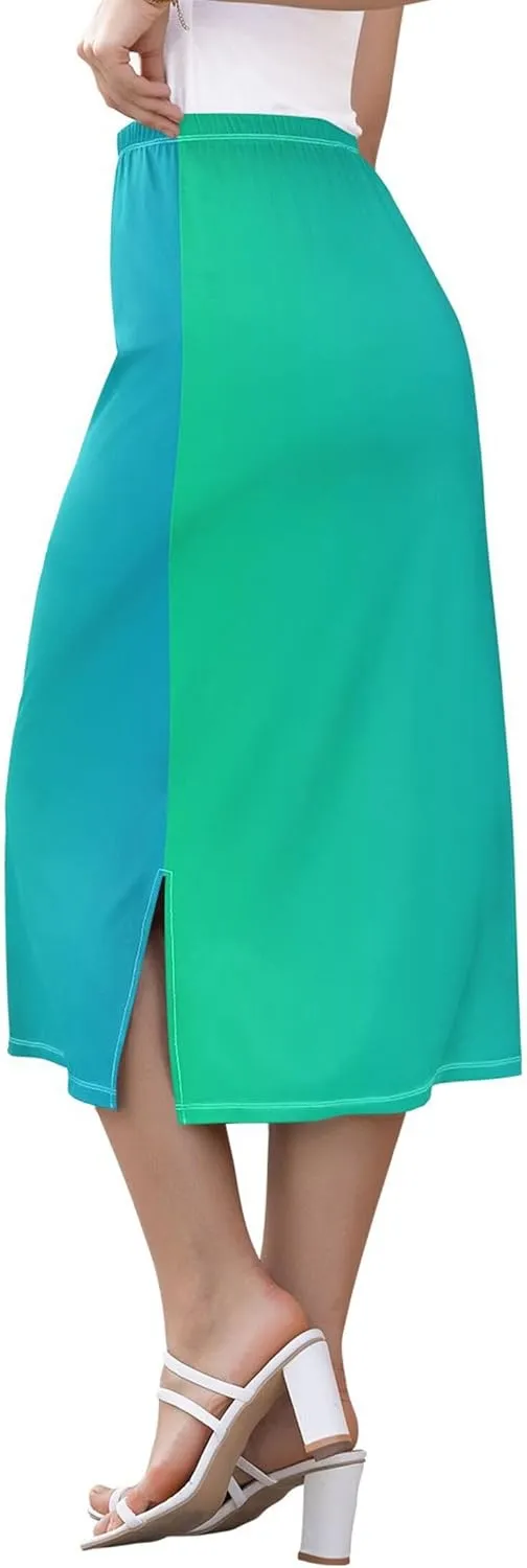Clover Green Side Slit Midi Skirt Women Floral Pencil Skirts Elastic Waist Summer Skirts