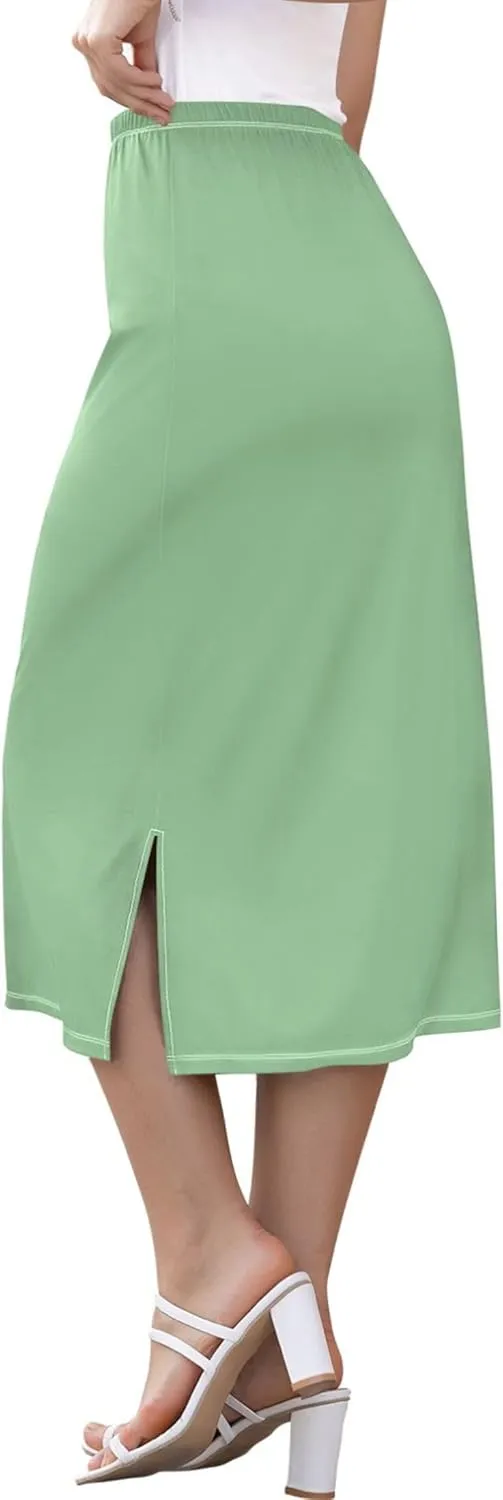 Clover Green Side Slit Midi Skirt Women Floral Pencil Skirts Elastic Waist Summer Skirts