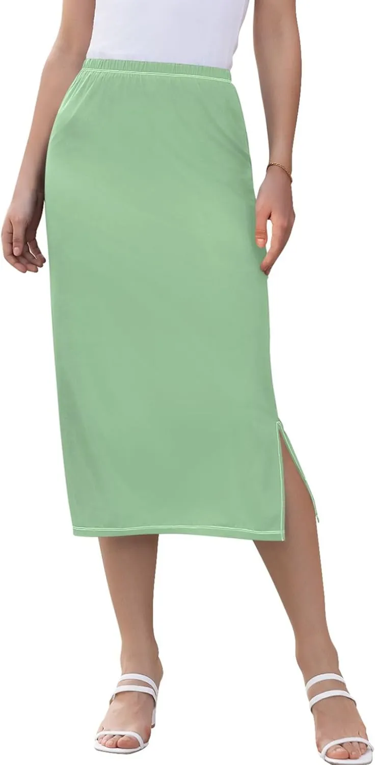 Clover Green Side Slit Midi Skirt Women Floral Pencil Skirts Elastic Waist Summer Skirts