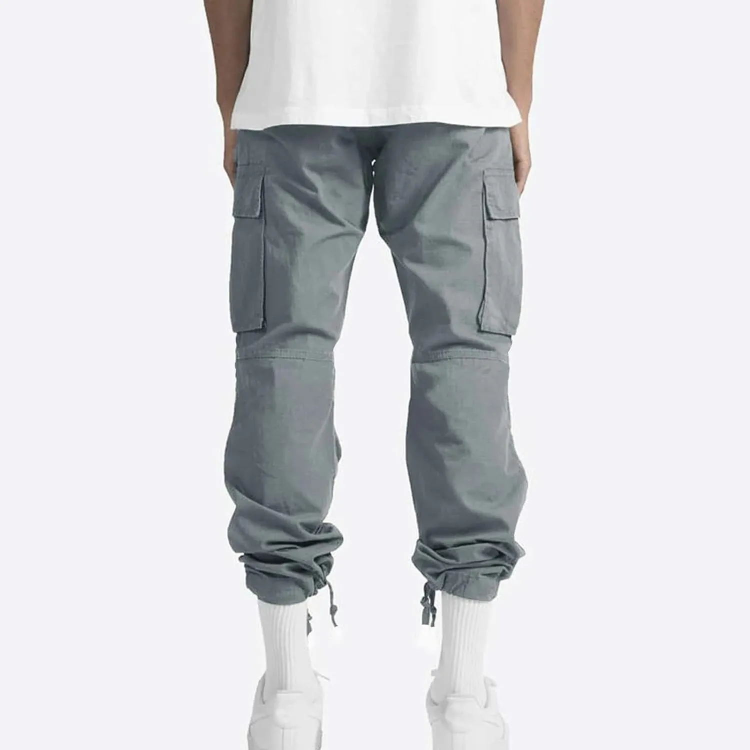 Cotton Cargo Trousers for Men,Solid Elastic Waist Straight Leg Slacks Slim Fit Bottoms Drawstring Pants for Men
