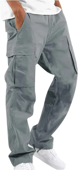 Cotton Cargo Trousers for Men,Solid Elastic Waist Straight Leg Slacks Slim Fit Bottoms Drawstring Pants for Men