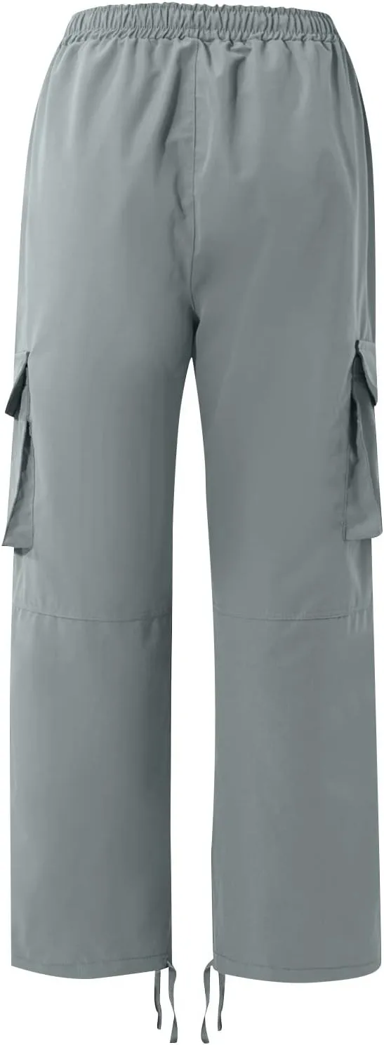 Cotton Cargo Trousers for Men,Solid Elastic Waist Straight Leg Slacks Slim Fit Bottoms Drawstring Pants for Men