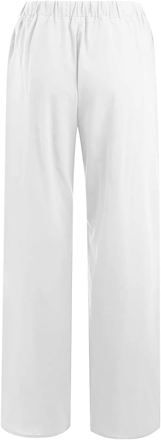 Cotton Linen Pants for Women Lightweight High Waisted Pants Tie Knot Wide Leg Pants Summer Lounge Pants with Pockets
