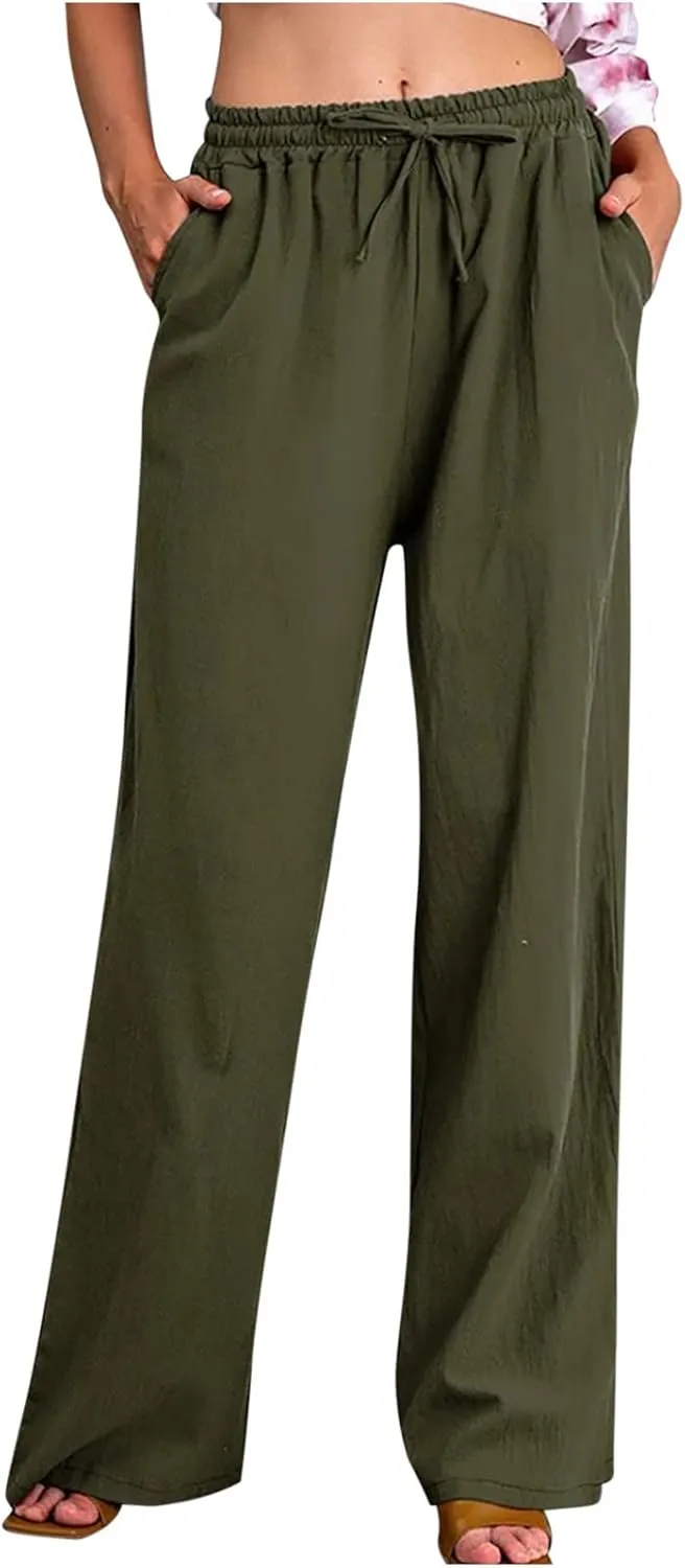 Cotton Linen Pants for Women Lightweight High Waisted Pants Tie Knot Wide Leg Pants Summer Lounge Pants with Pockets