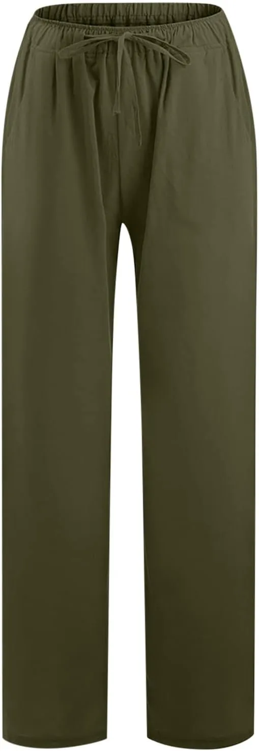 Cotton Linen Pants for Women Lightweight High Waisted Pants Tie Knot Wide Leg Pants Summer Lounge Pants with Pockets