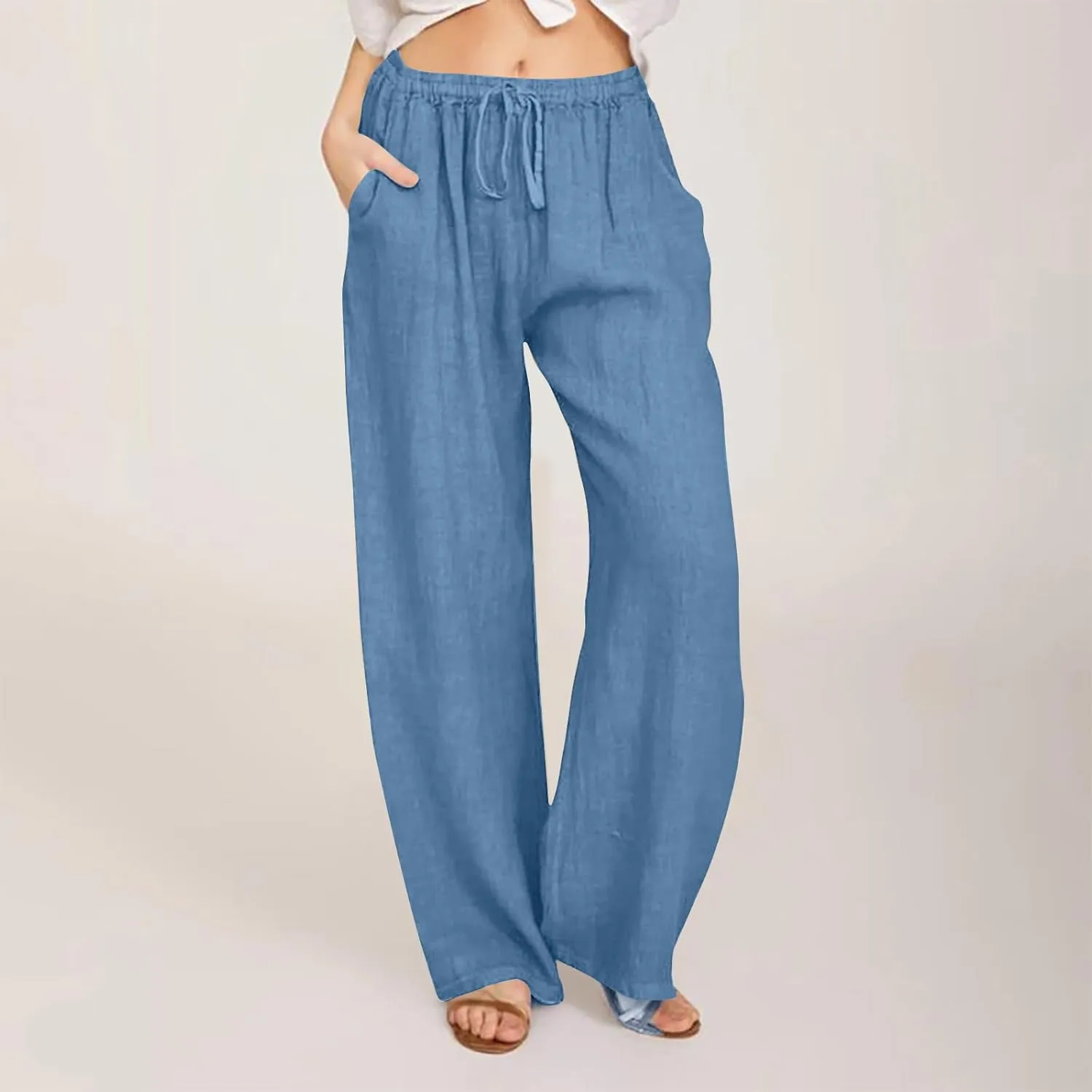 Cotton Linen Pants for Women Lightweight High Waisted Pants Tie Knot Wide Leg Pants Summer Lounge Pants with Pockets