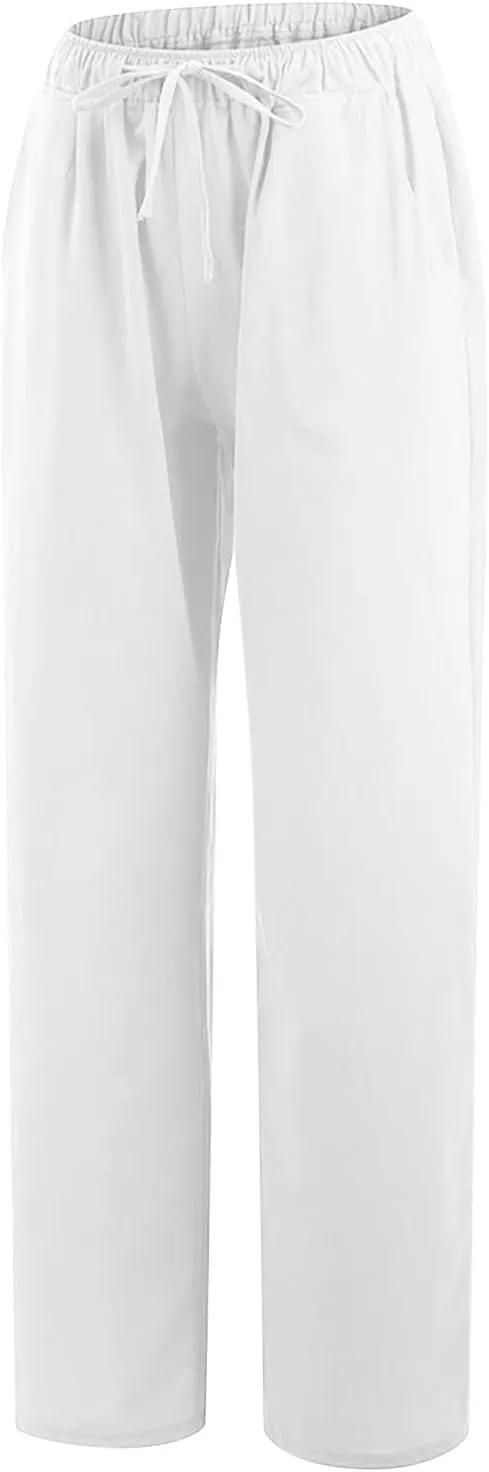Cotton Linen Pants for Women Lightweight High Waisted Pants Tie Knot Wide Leg Pants Summer Lounge Pants with Pockets
