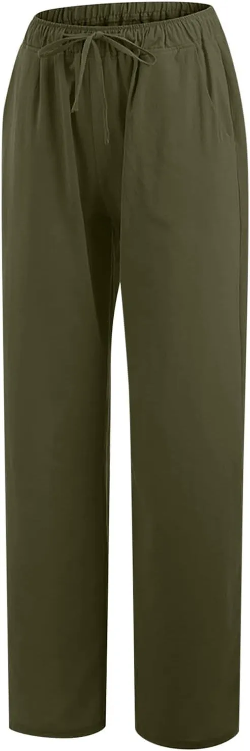 Cotton Linen Pants for Women Lightweight High Waisted Pants Tie Knot Wide Leg Pants Summer Lounge Pants with Pockets