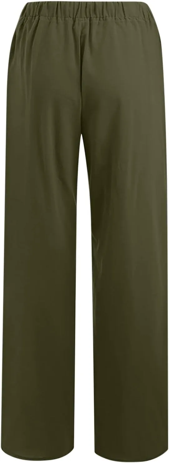 Cotton Linen Pants for Women Lightweight High Waisted Pants Tie Knot Wide Leg Pants Summer Lounge Pants with Pockets