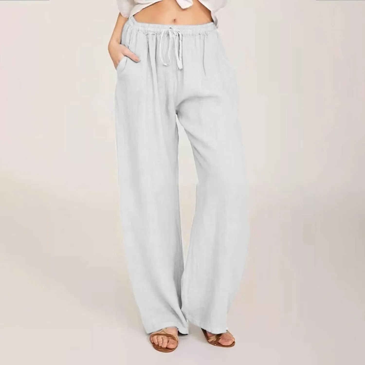 Cotton Linen Pants for Women Lightweight High Waisted Pants Tie Knot Wide Leg Pants Summer Lounge Pants with Pockets