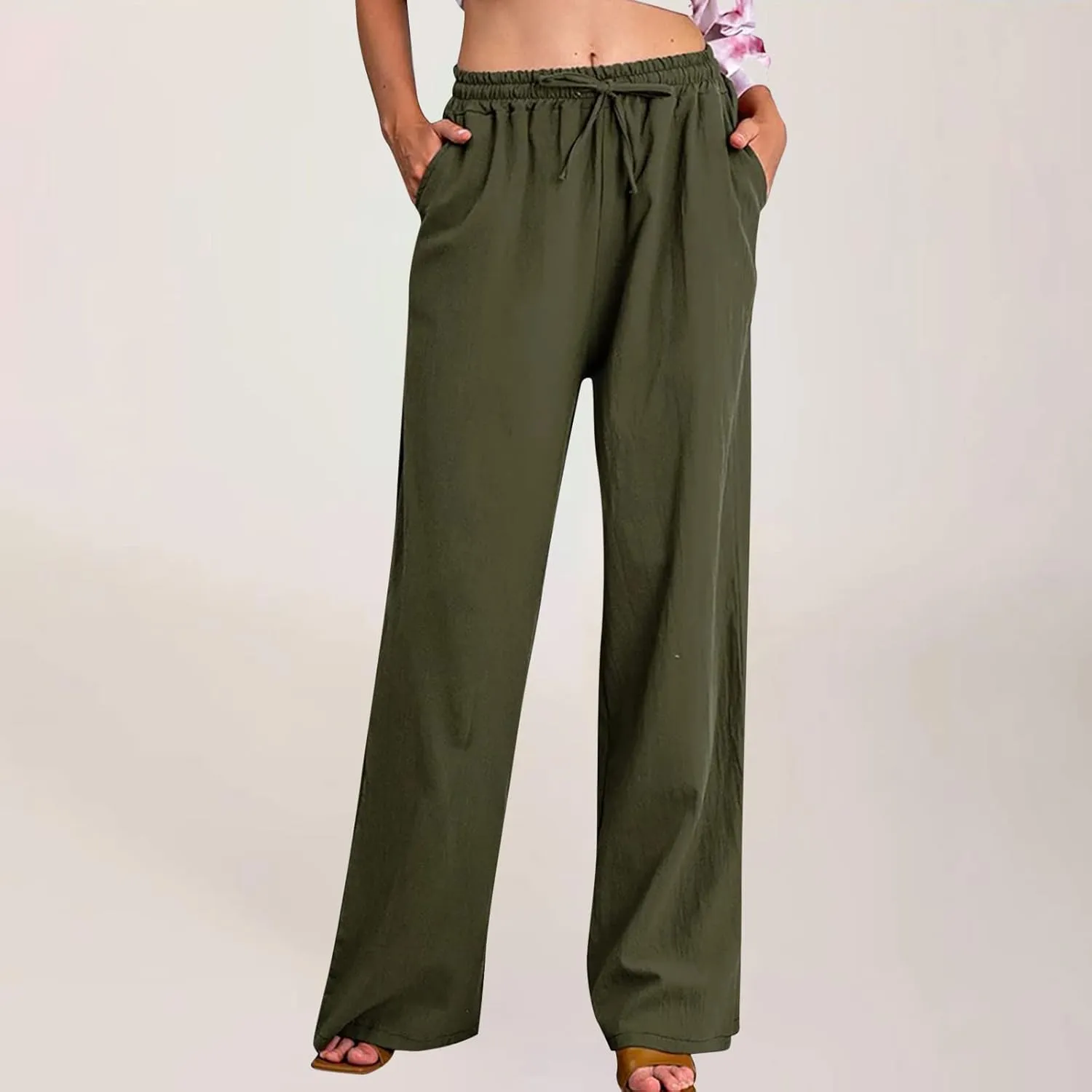 Cotton Linen Pants for Women Lightweight High Waisted Pants Tie Knot Wide Leg Pants Summer Lounge Pants with Pockets