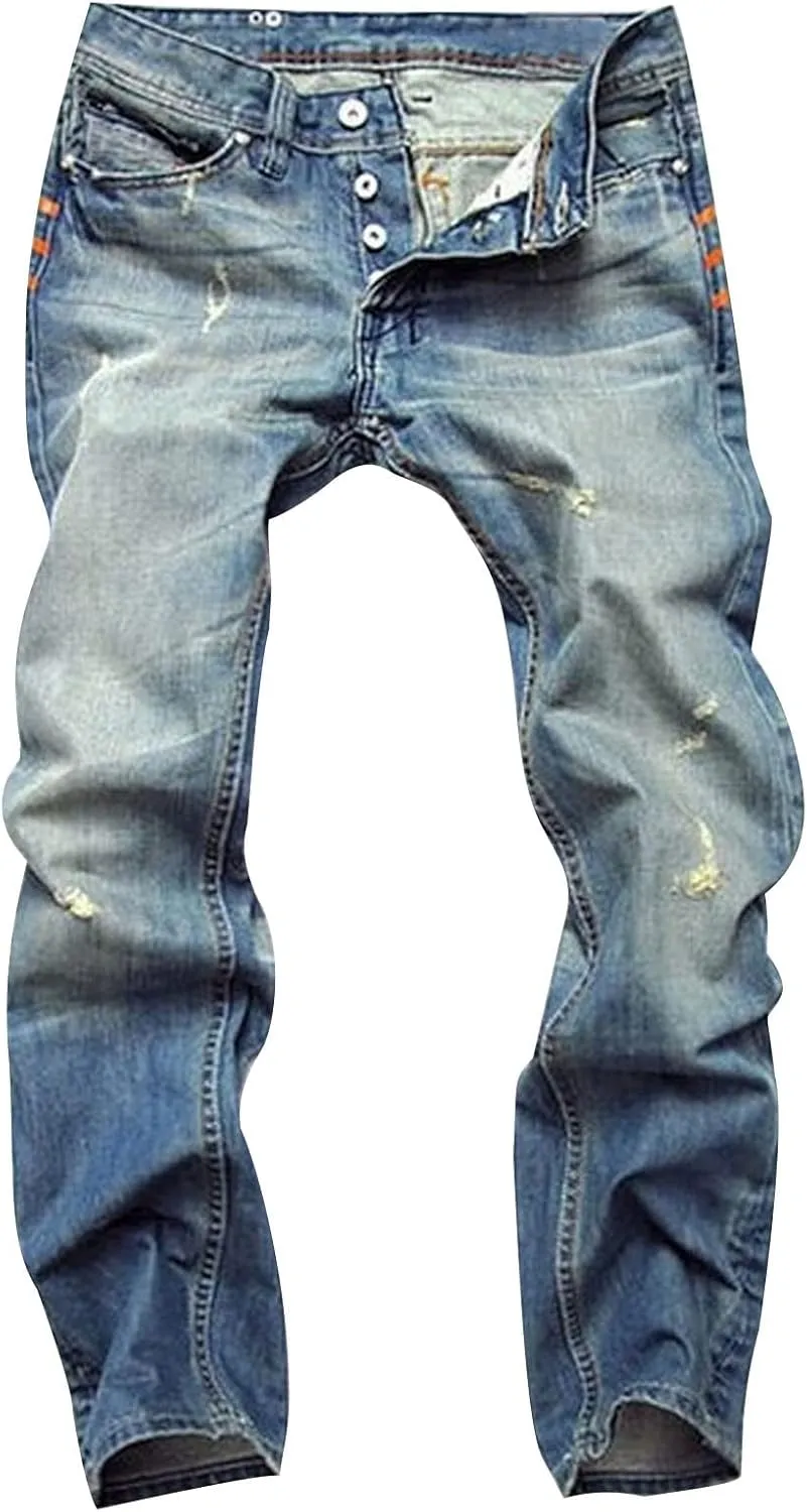 Cotton Men's Straight Leg Slim Fit Jeans Button Fly Distressed Denim Casual Stylish Ripped Mid Waist Relaxed