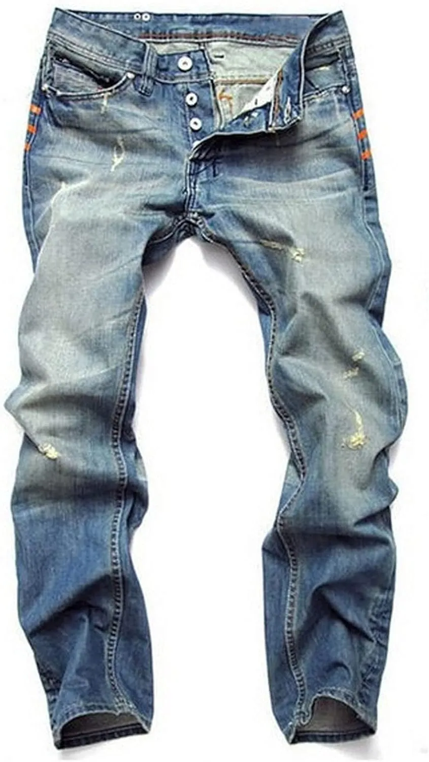 Cotton Men's Straight Leg Slim Fit Jeans Button Fly Distressed Denim Casual Stylish Ripped Mid Waist Relaxed