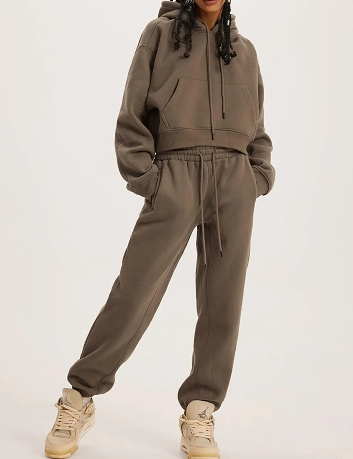 COZYPOIN Womens Fleece 2 Piece Outfits Sweatsuit Crop Top and Pants Hoodie Tracksuit Set