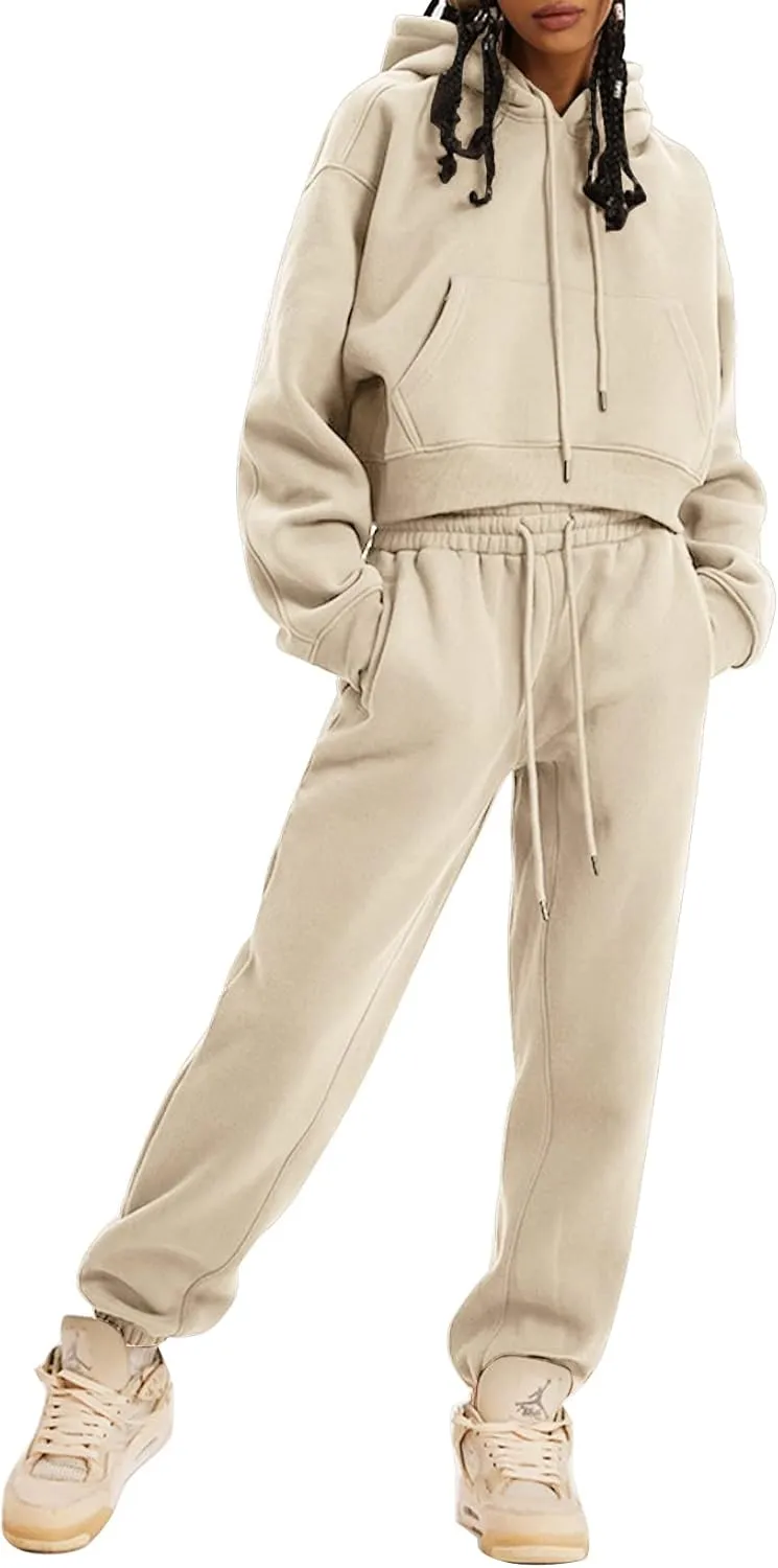 COZYPOIN Womens Fleece 2 Piece Outfits Sweatsuit Crop Top and Pants Hoodie Tracksuit Set