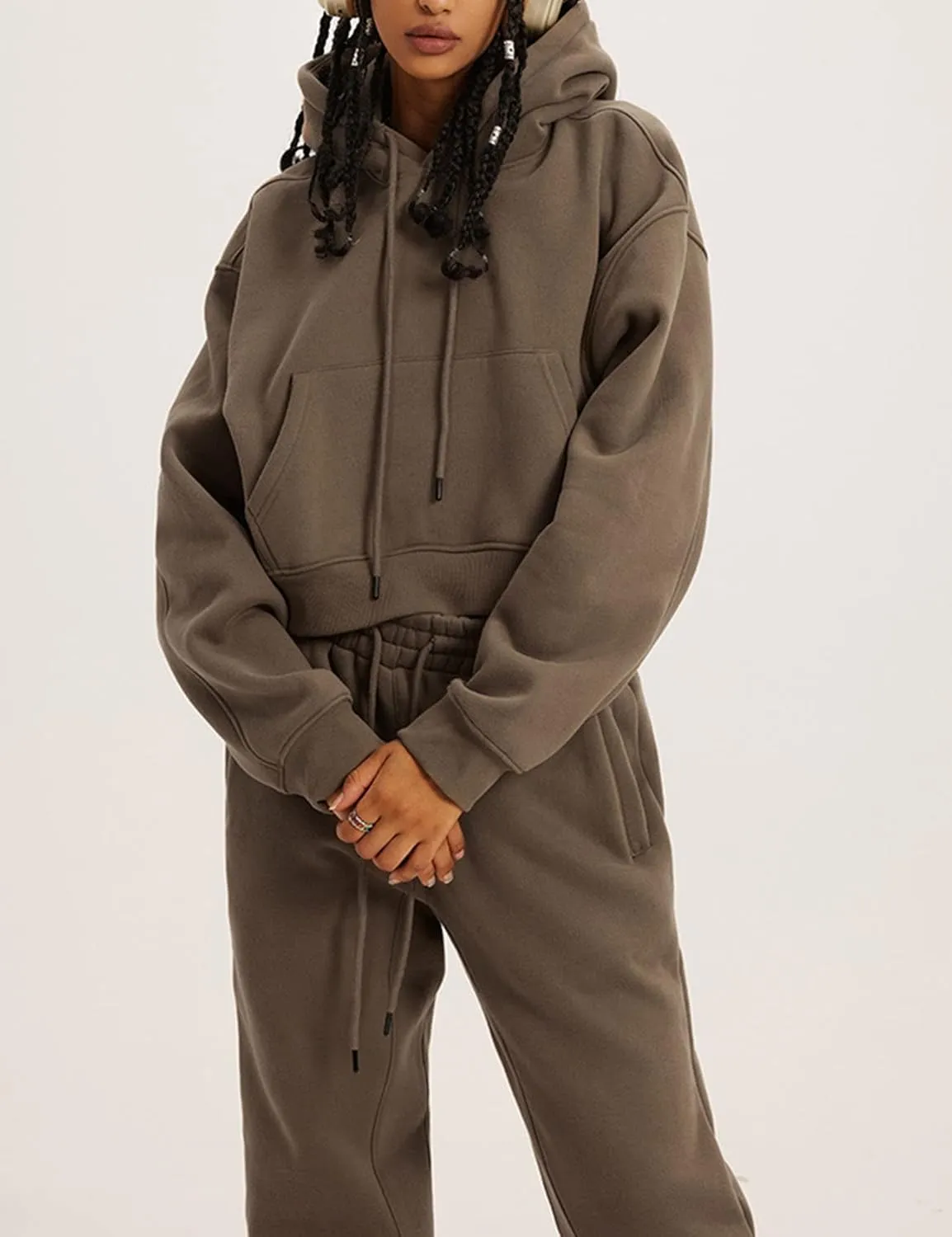COZYPOIN Womens Fleece 2 Piece Outfits Sweatsuit Crop Top and Pants Hoodie Tracksuit Set