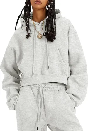 COZYPOIN Womens Fleece 2 Piece Outfits Sweatsuit Crop Top and Pants Hoodie Tracksuit Set
