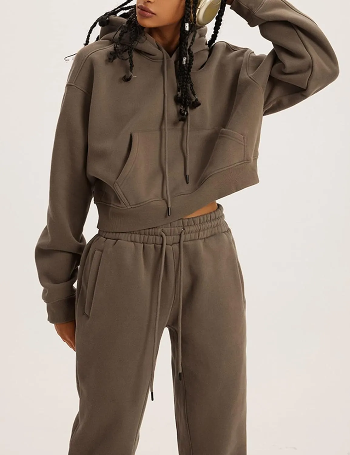 COZYPOIN Womens Fleece 2 Piece Outfits Sweatsuit Crop Top and Pants Hoodie Tracksuit Set