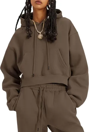 COZYPOIN Womens Fleece 2 Piece Outfits Sweatsuit Crop Top and Pants Hoodie Tracksuit Set