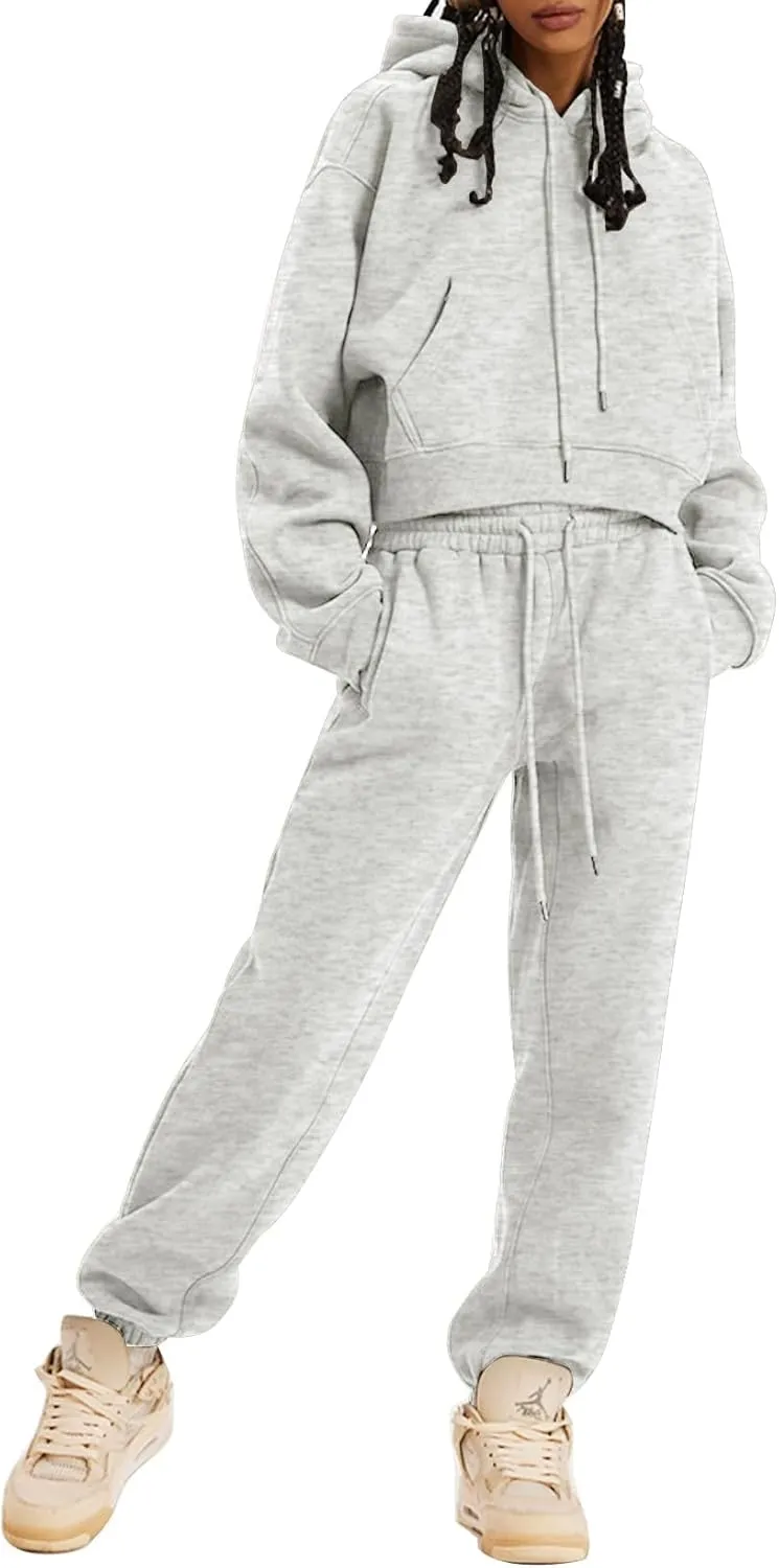 COZYPOIN Womens Fleece 2 Piece Outfits Sweatsuit Crop Top and Pants Hoodie Tracksuit Set