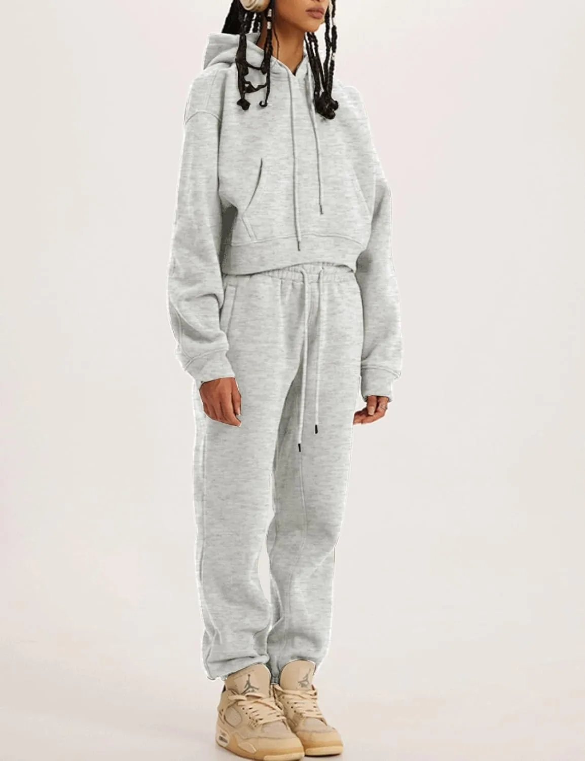 COZYPOIN Womens Fleece 2 Piece Outfits Sweatsuit Crop Top and Pants Hoodie Tracksuit Set