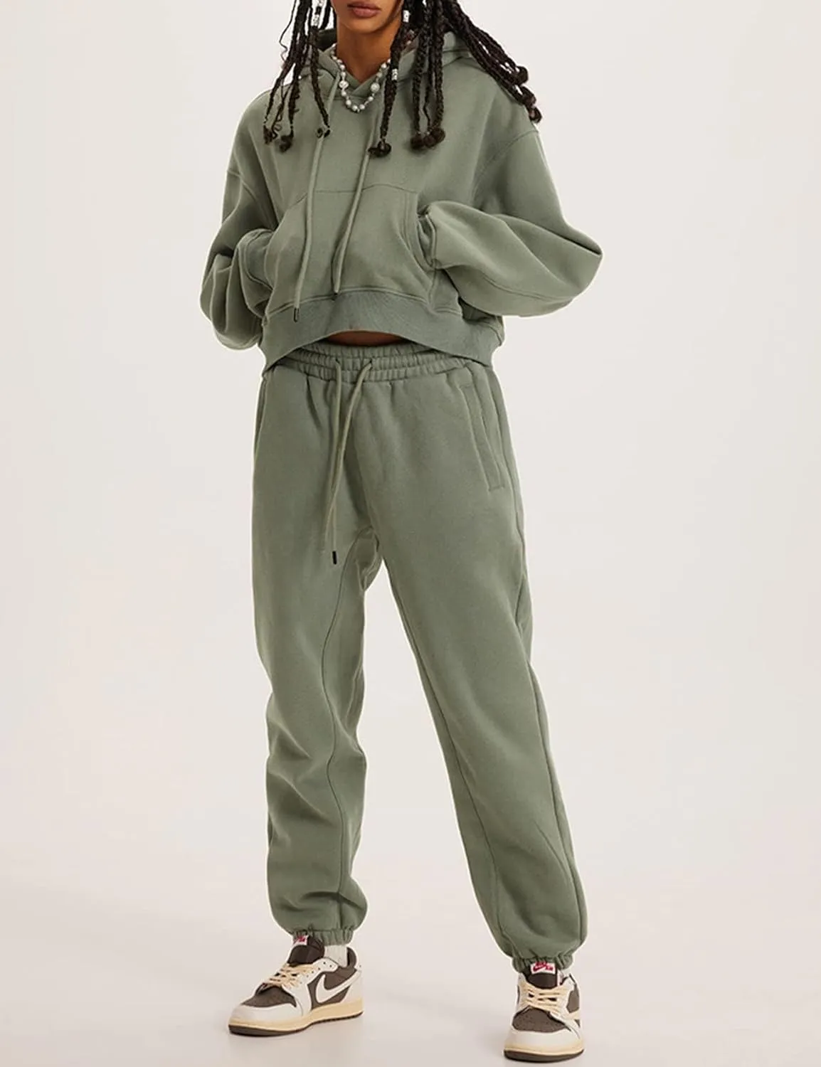 COZYPOIN Womens Fleece 2 Piece Outfits Sweatsuit Crop Top and Pants Hoodie Tracksuit Set