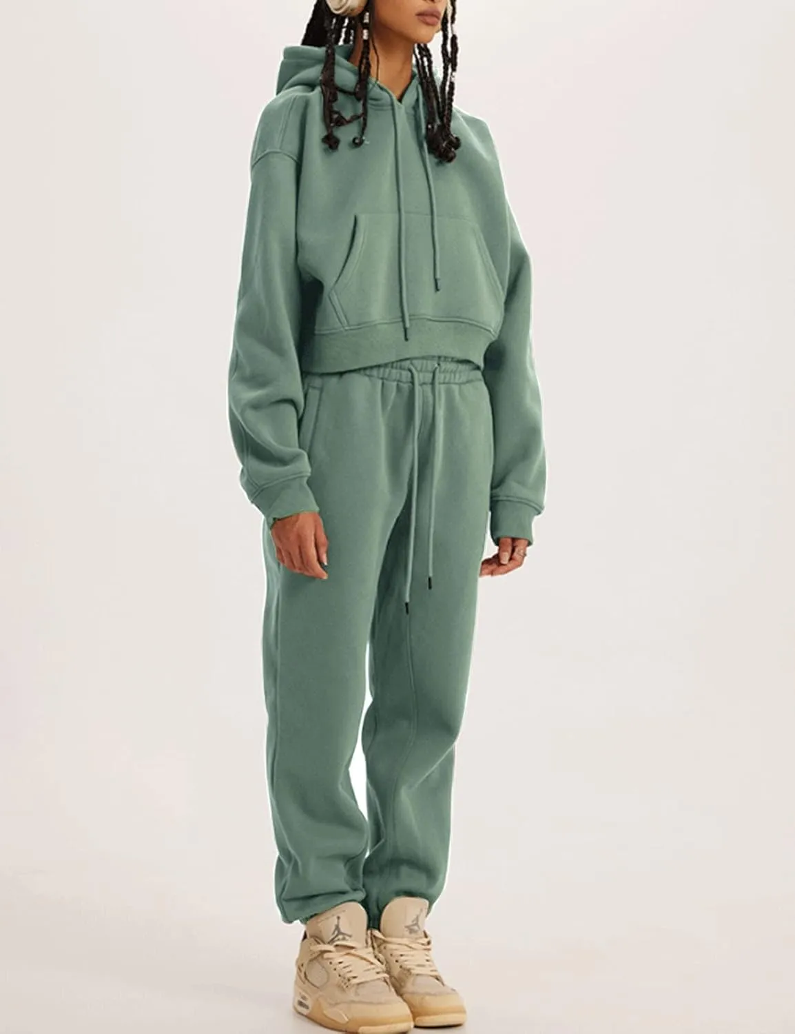 COZYPOIN Womens Fleece 2 Piece Outfits Sweatsuit Crop Top and Pants Hoodie Tracksuit Set