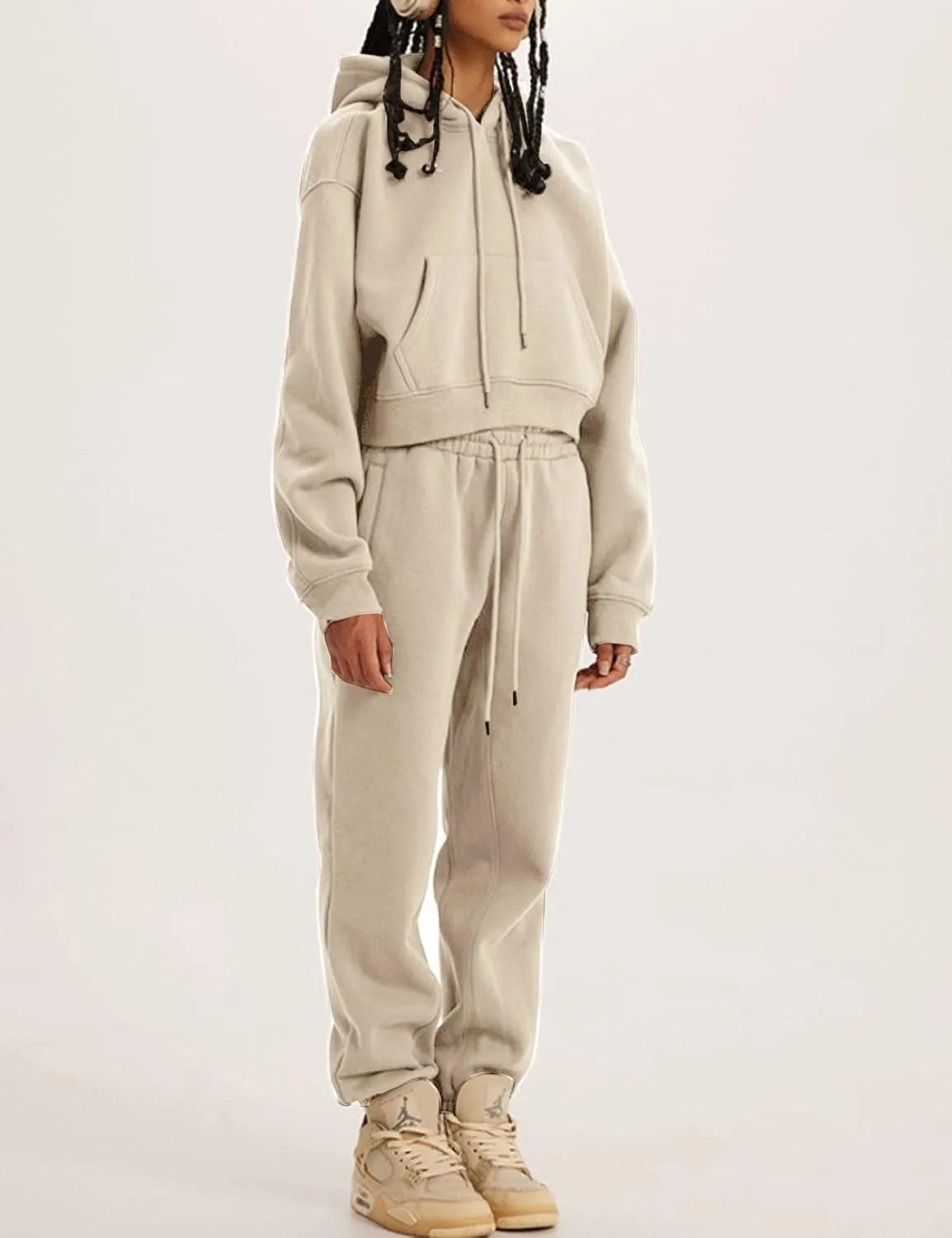 COZYPOIN Womens Fleece 2 Piece Outfits Sweatsuit Crop Top and Pants Hoodie Tracksuit Set