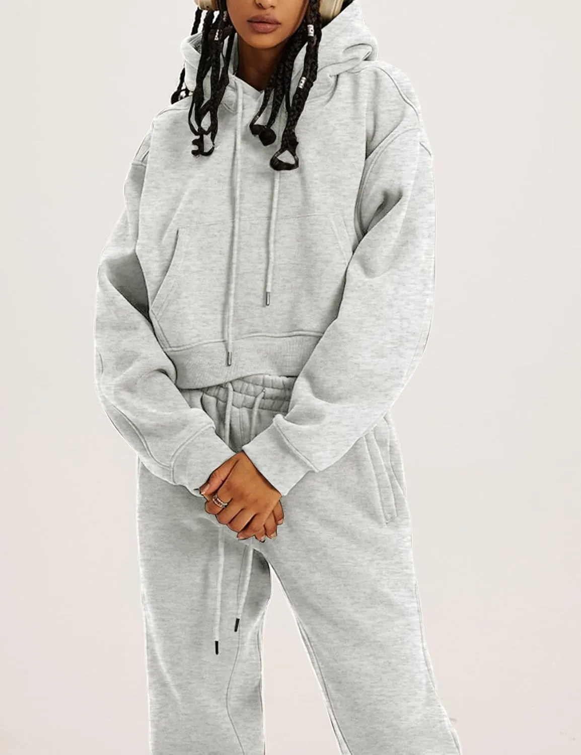 COZYPOIN Womens Fleece 2 Piece Outfits Sweatsuit Crop Top and Pants Hoodie Tracksuit Set