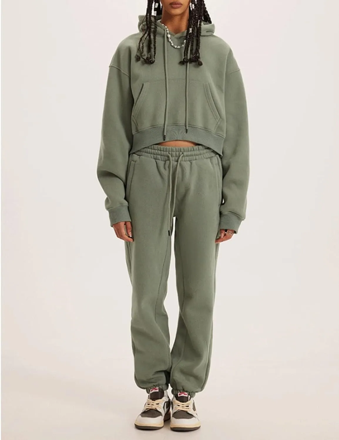 COZYPOIN Womens Fleece 2 Piece Outfits Sweatsuit Crop Top and Pants Hoodie Tracksuit Set