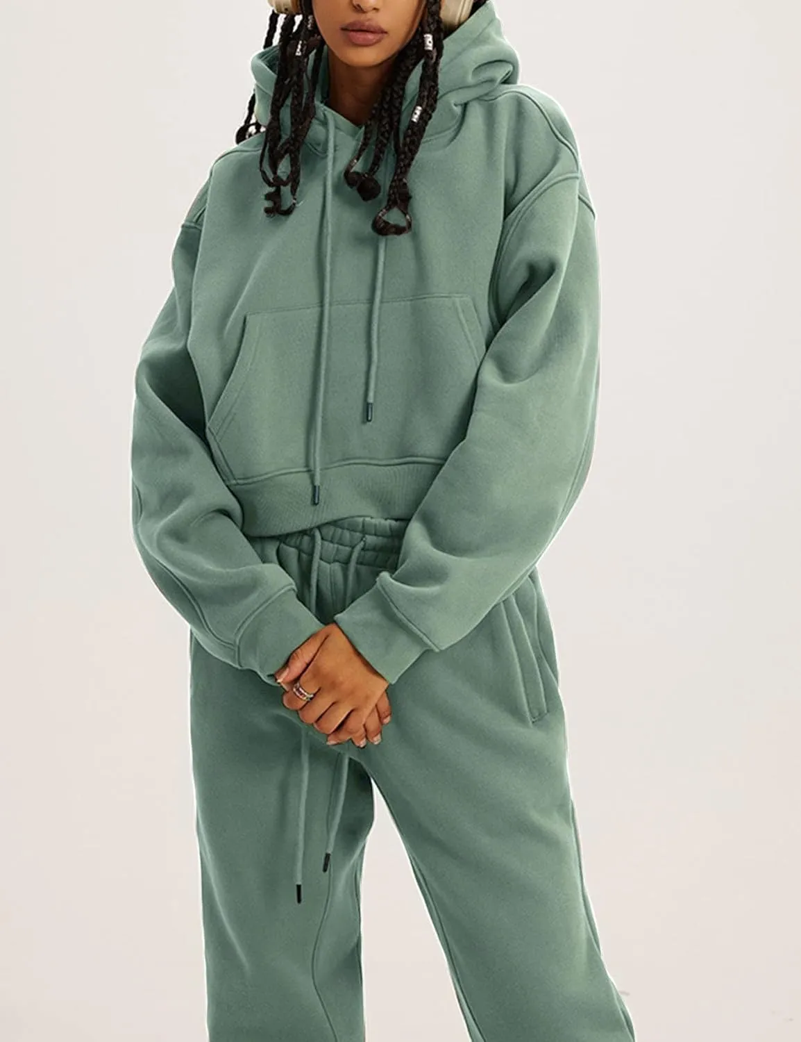COZYPOIN Womens Fleece 2 Piece Outfits Sweatsuit Crop Top and Pants Hoodie Tracksuit Set