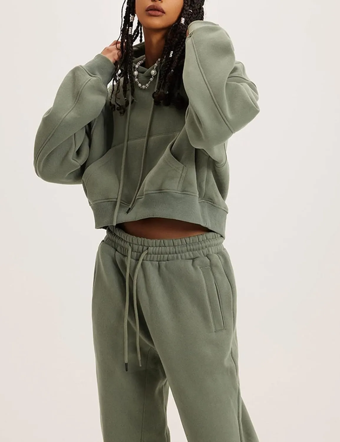 COZYPOIN Womens Fleece 2 Piece Outfits Sweatsuit Crop Top and Pants Hoodie Tracksuit Set