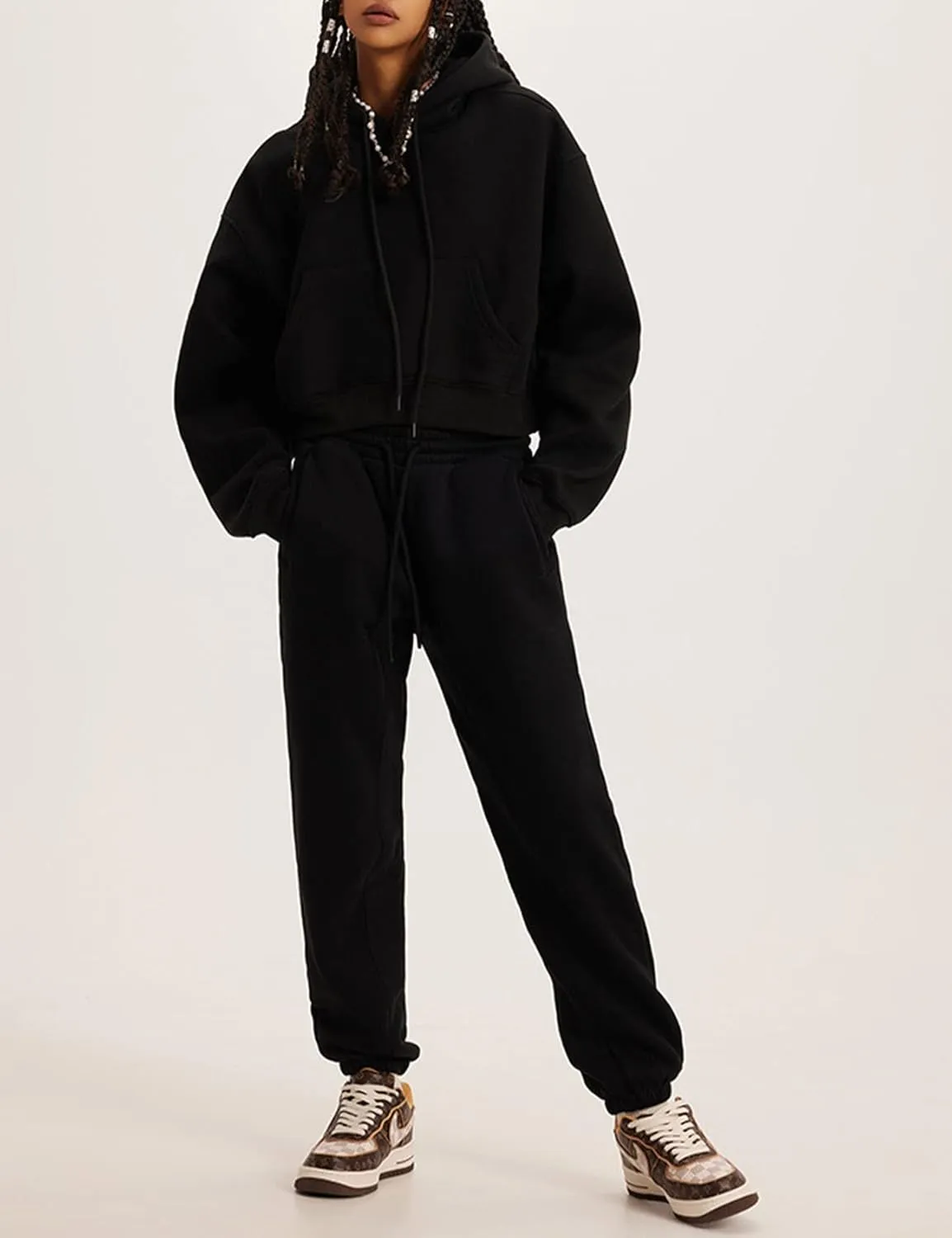 COZYPOIN Womens Fleece 2 Piece Outfits Sweatsuit Crop Top and Pants Hoodie Tracksuit Set